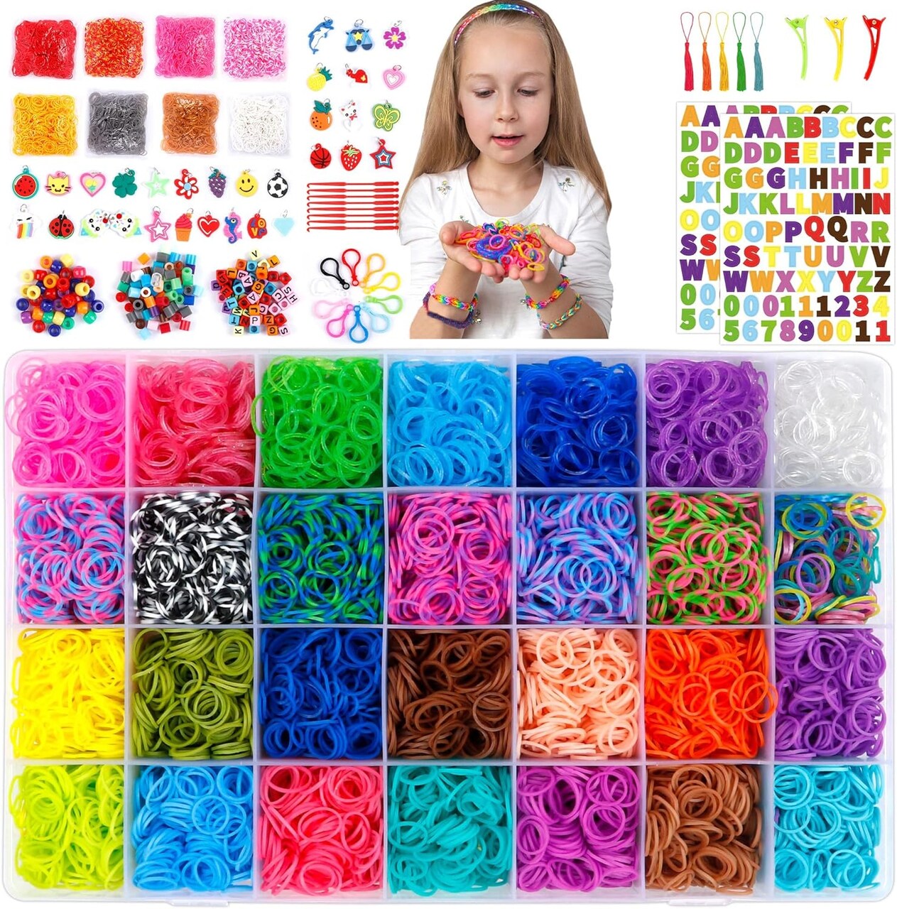 Rubber Bands Refill Loom Kit - 18,980+ Bands, 37 Colors, S-Clips, Beads, Tassels, Hooks